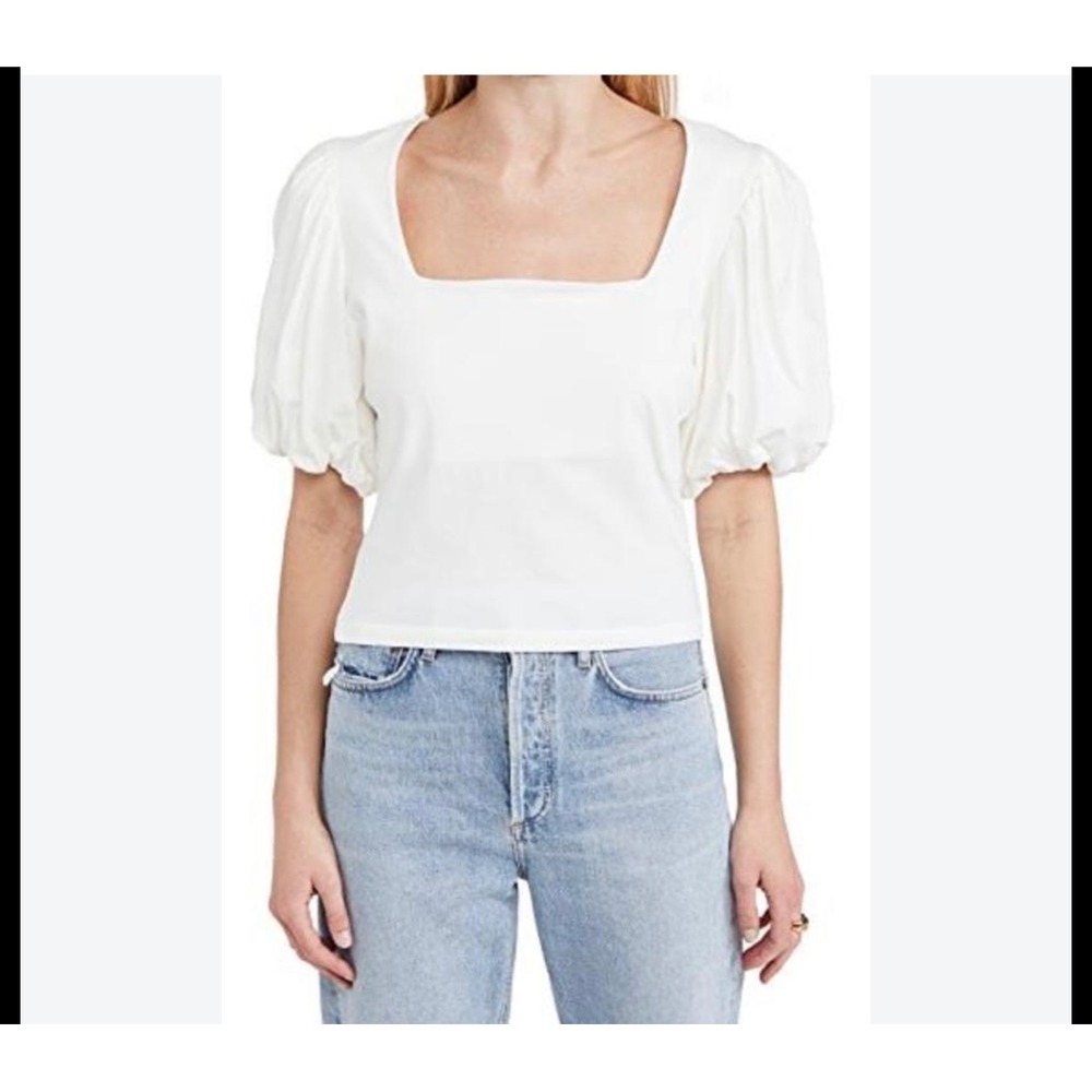 Frame Nina Knit Blouson Sleeve Top White Square Neck LWTS1455 XS